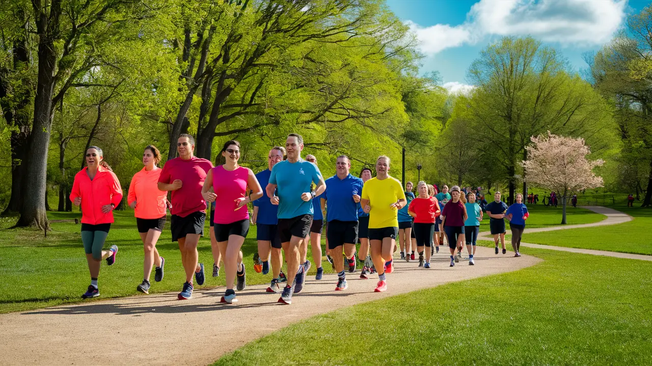 Pessoas diversas correndo em um parque verdejante, vestindo roupas esportivas coloridas, cercadas por árvores altas e flores.