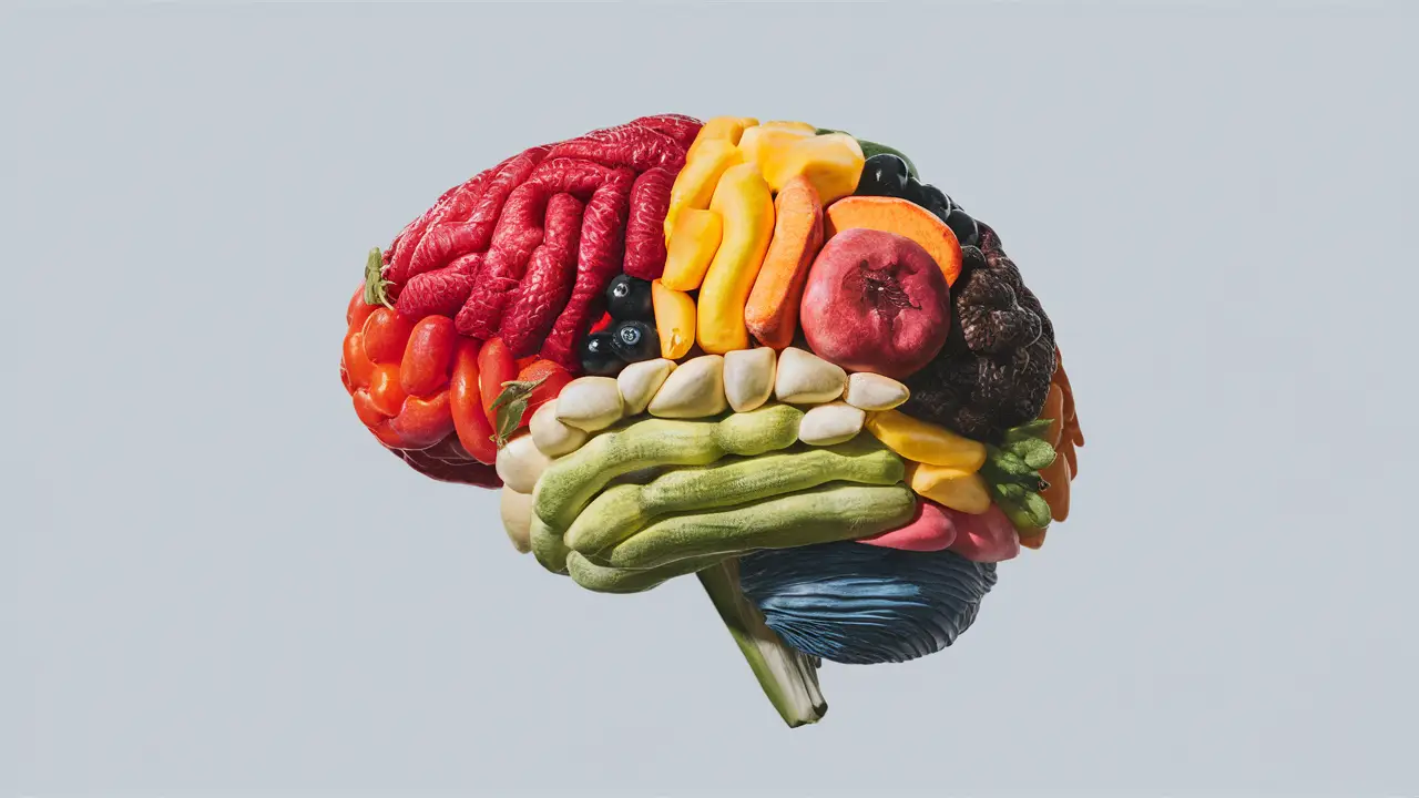 Cérebro humano composto por diversas frutas e vegetais coloridos em diferentes seções sobre fundo branco.