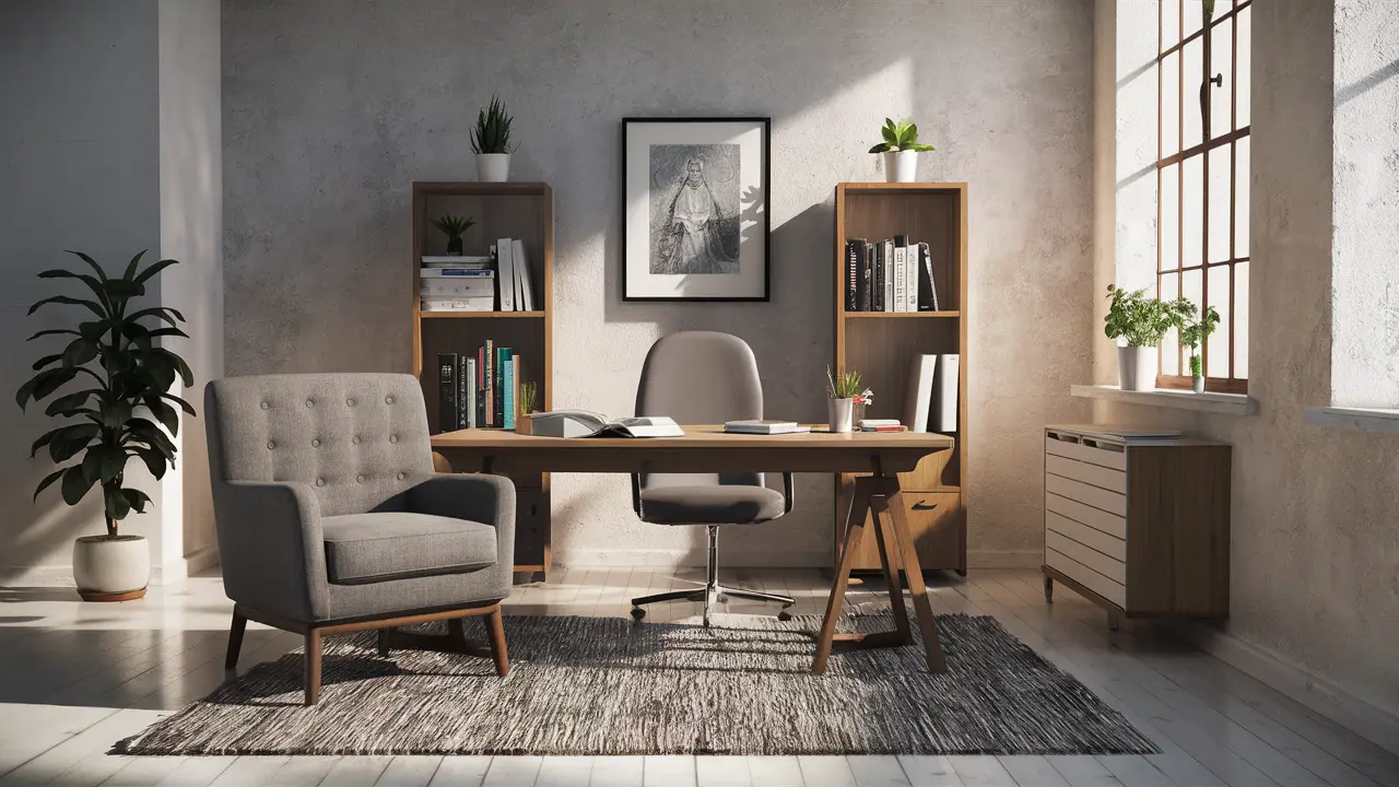 Consultório moderno de psicologia clínica com cadeira cinza, mesa de madeira, estantes com livros e planta em vaso.