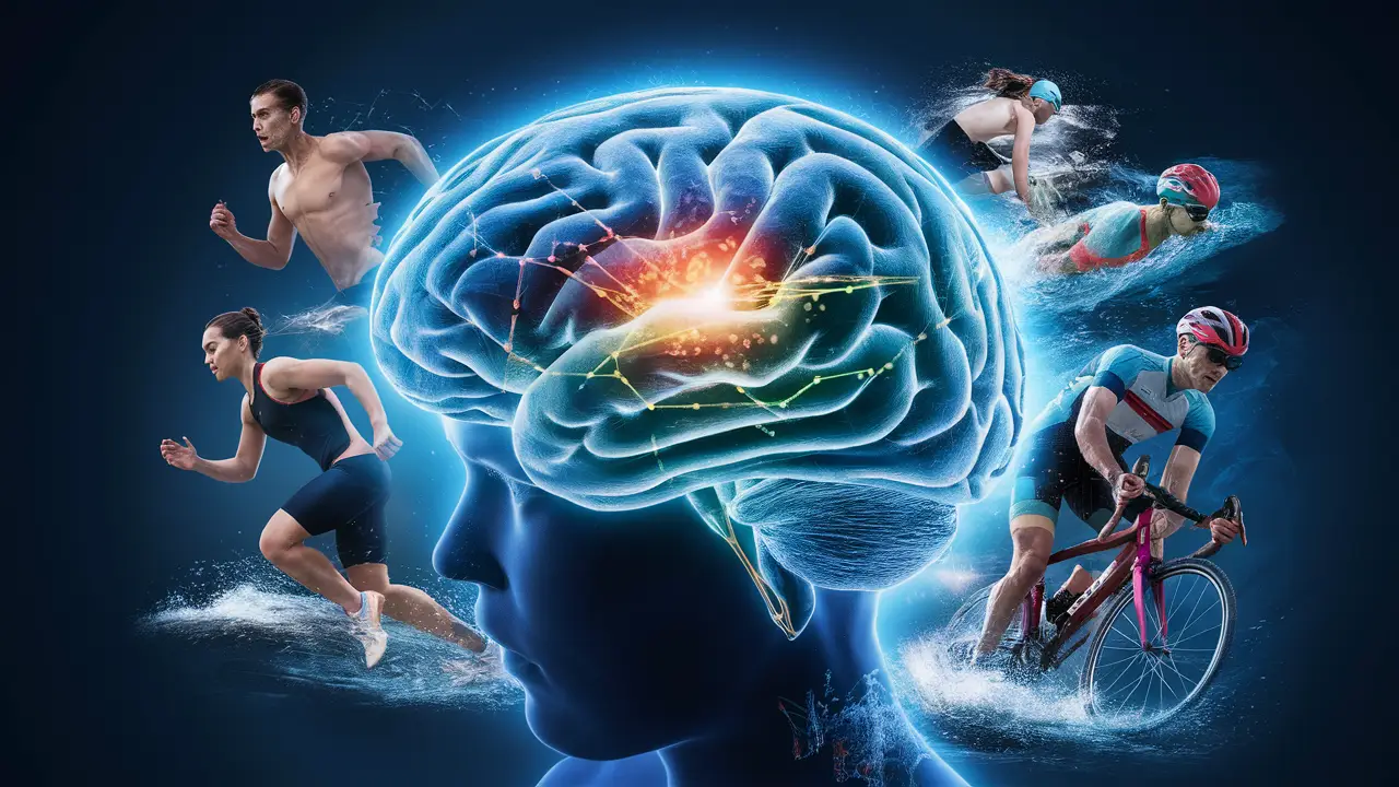 Conexões neurais brilhantes em azul e verde no cérebro, cercado por atletas correndo, nadando e pedalando.