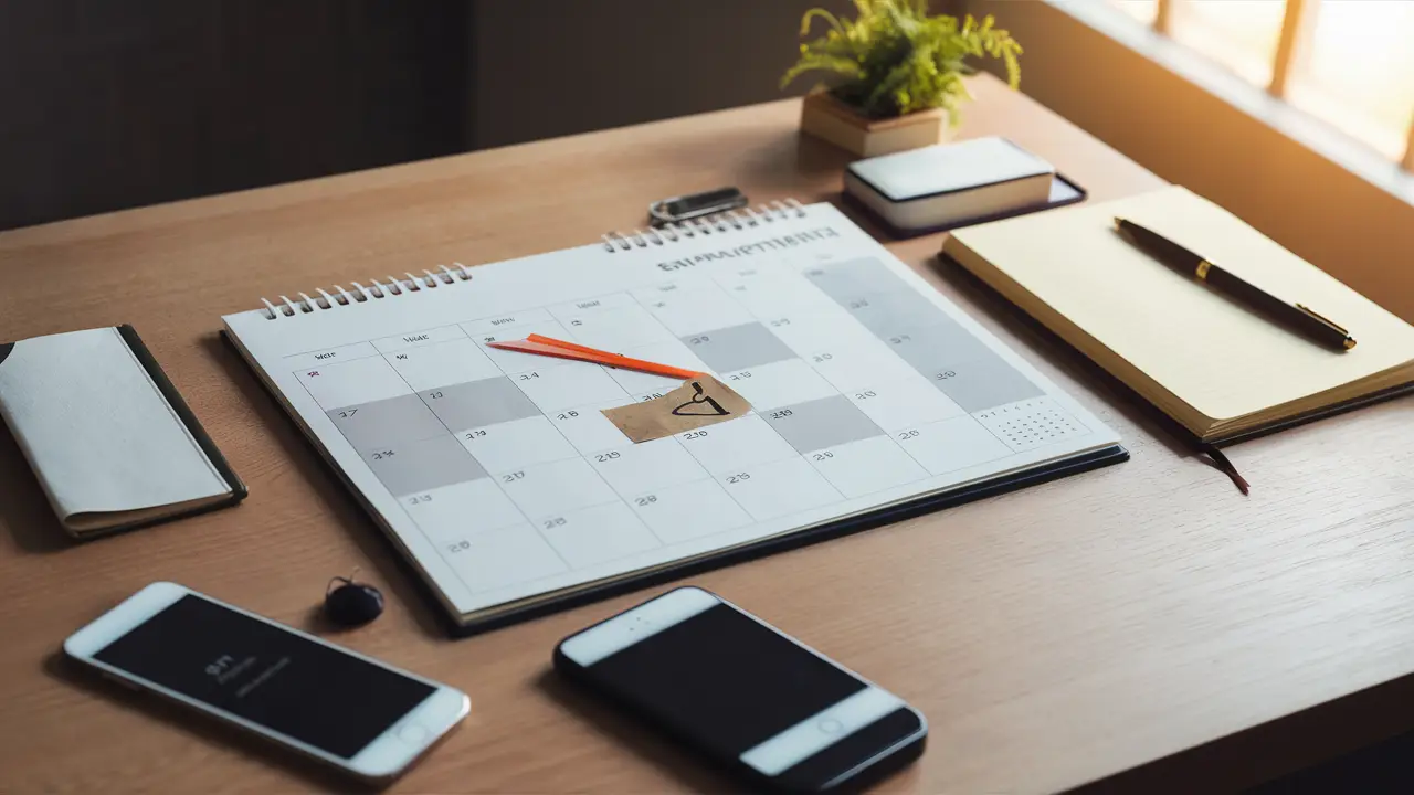 Agenda marcada, caderno, caneta, smartphone com lembrete e planta pequena sobre mesa de madeira iluminada.