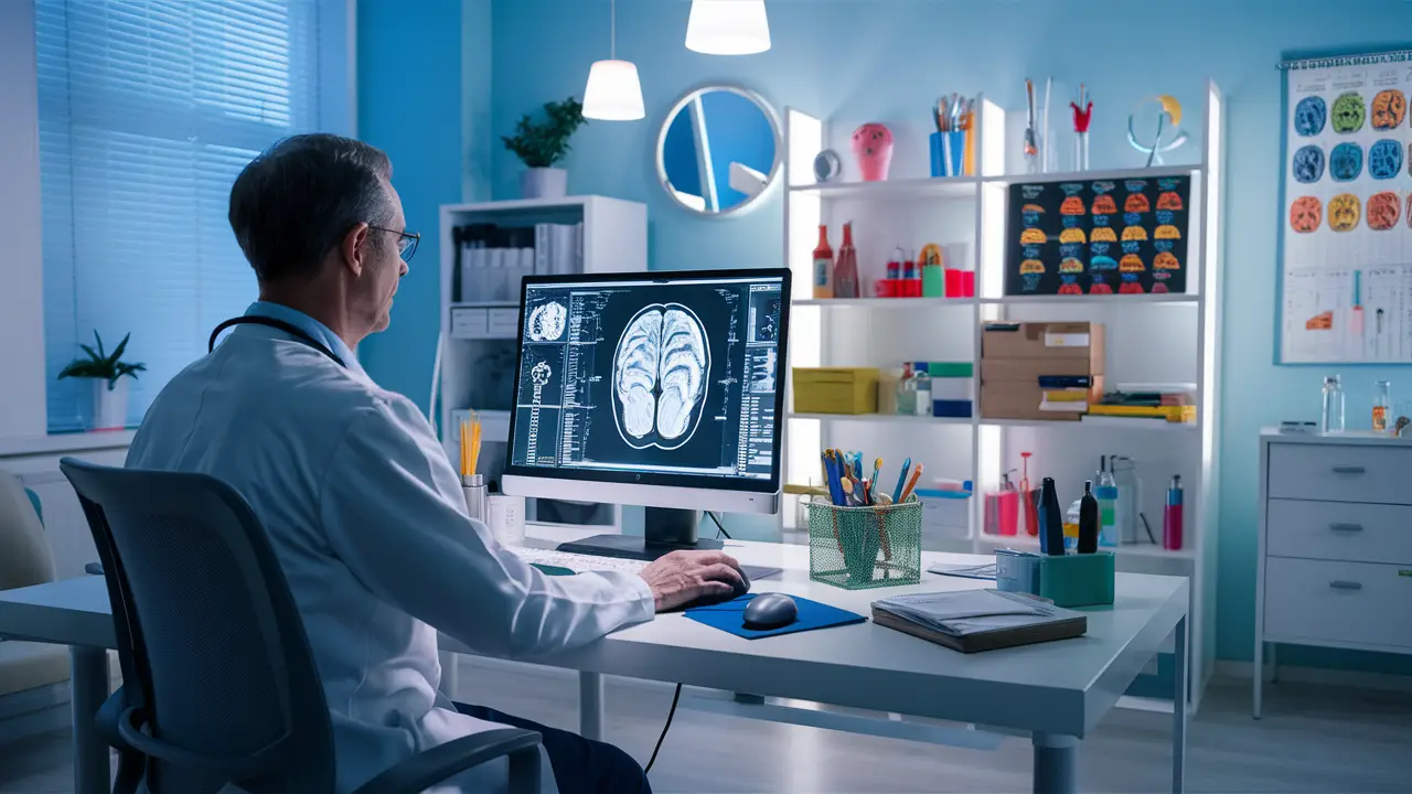 Médico em consultório moderno analisando exame de cérebro no computador ao lado de ferramentas e gráficos de avaliação cognitiva.