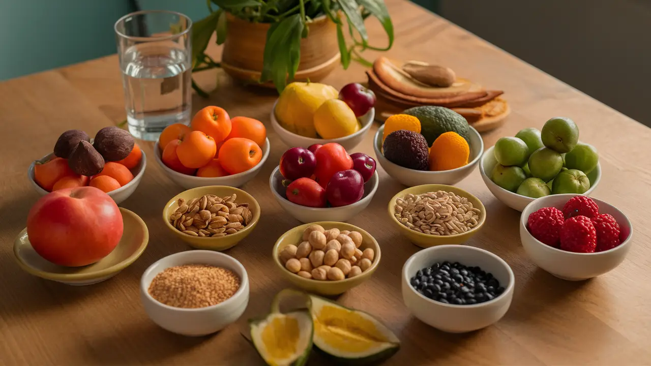 Variedade de frutas, vegetais, nozes e sementes frescas em tigelas e pratos sobre a mesa de madeira.