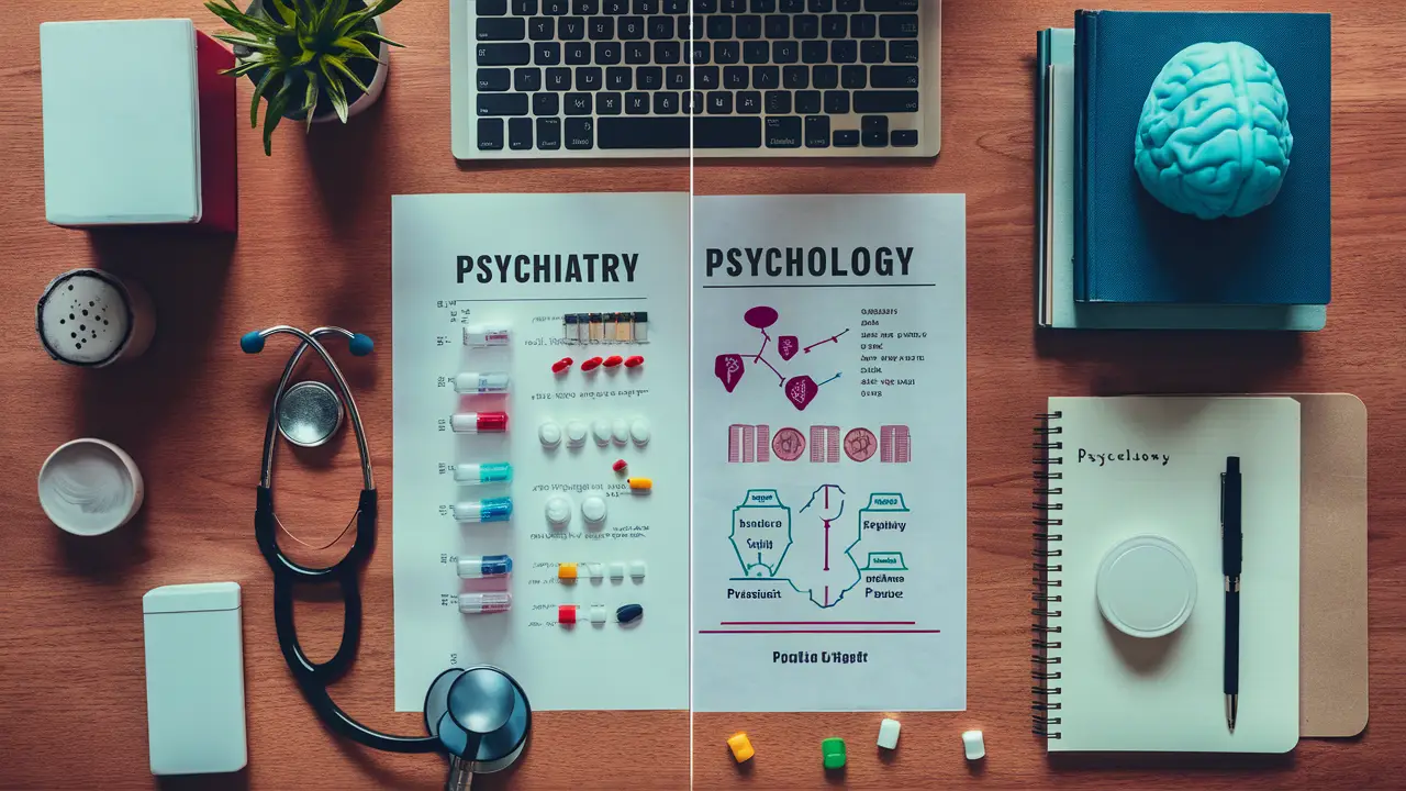 Duas metades de uma mesa, uma com itens de psiquiatria e outra com materiais de psicologia.