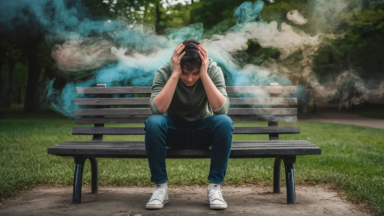 Pessoa jovem sentada em banco de madeira no parque, segurando a cabeça com as mãos, envolta em névoa azul e cinza.