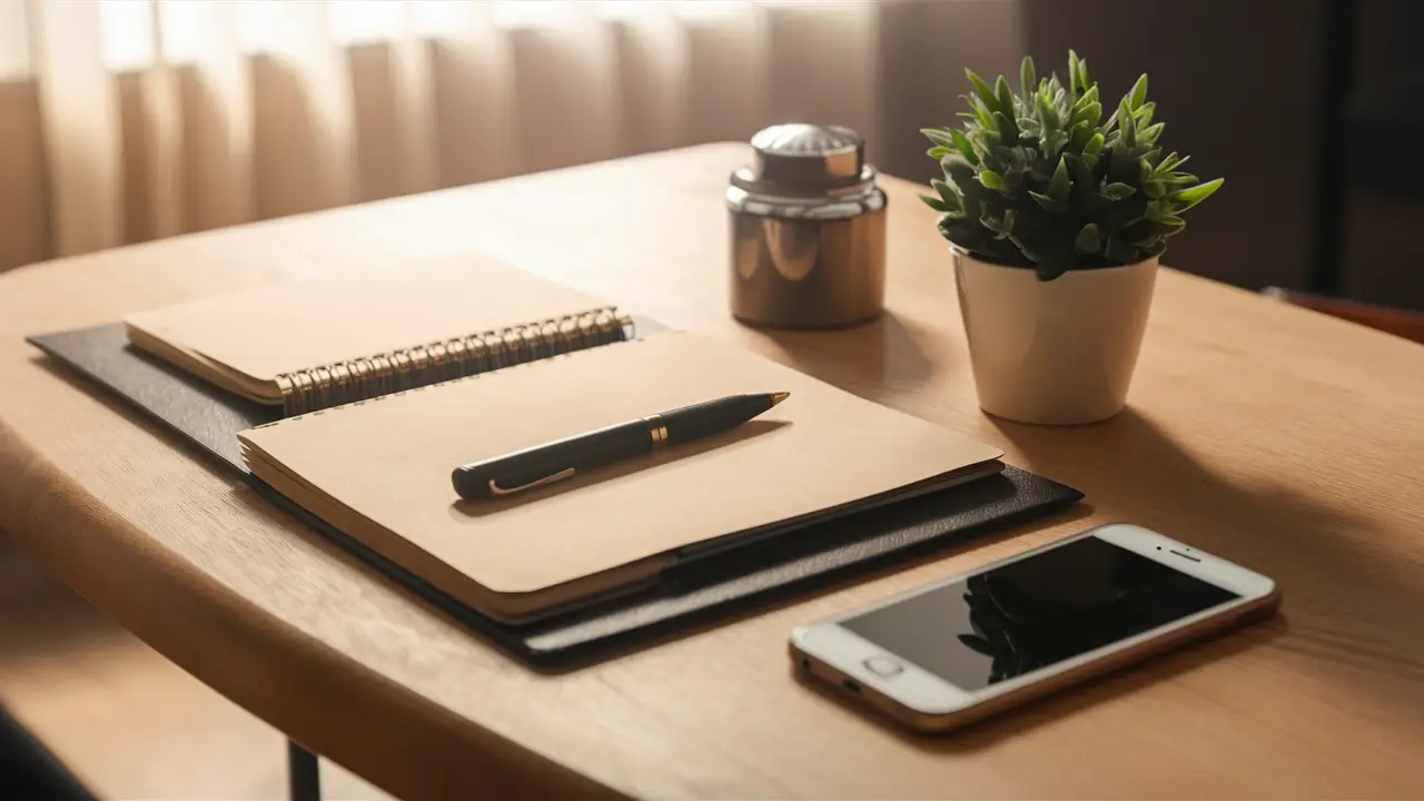 Uma mesa organizada com um bloco de notas, uma caneta, um smartphone e uma planta em vaso sobre uma superfície de madeira.