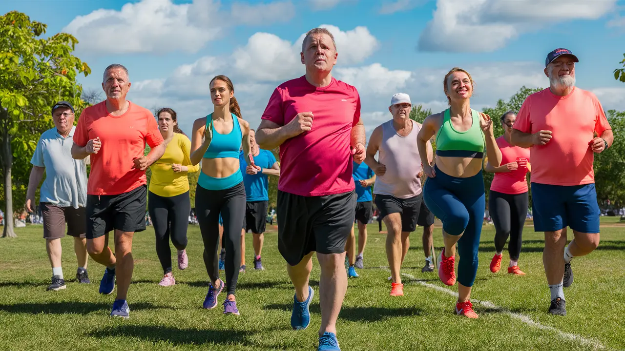Adultos praticando exercícios físicos em um parque ensolarado com gramado verde e céu azul.