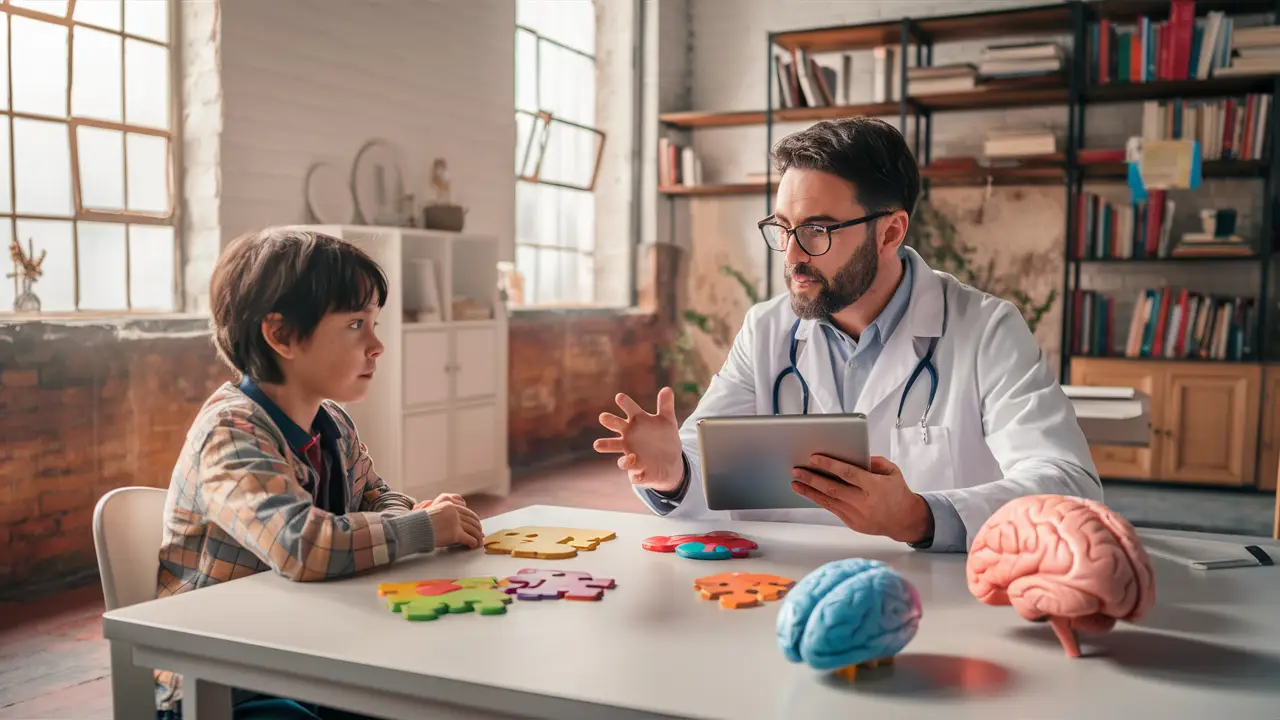Criança com modelos cerebrais coloridos e neuropsicólogo em sala iluminada, explicando funções cerebrais usando tablet.