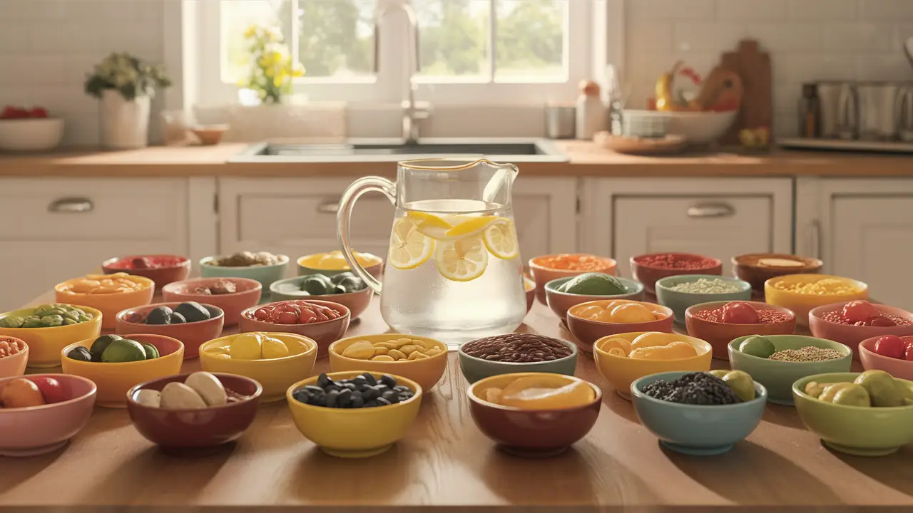 Tigelas coloridas com frutas, vegetais, nozes e sementes em uma mesa de madeira iluminada.