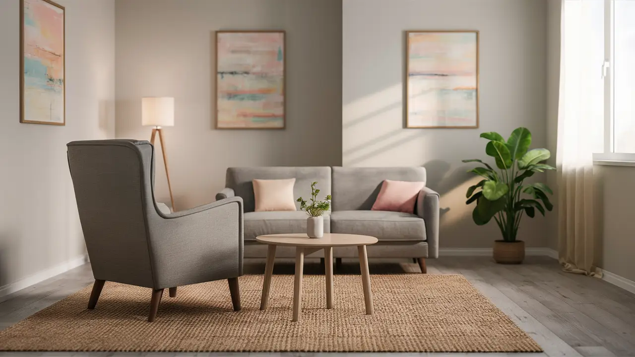 Sala de terapia com cadeira confortável, mesa de café e planta em um canto, iluminação suave e pinturas abstratas.