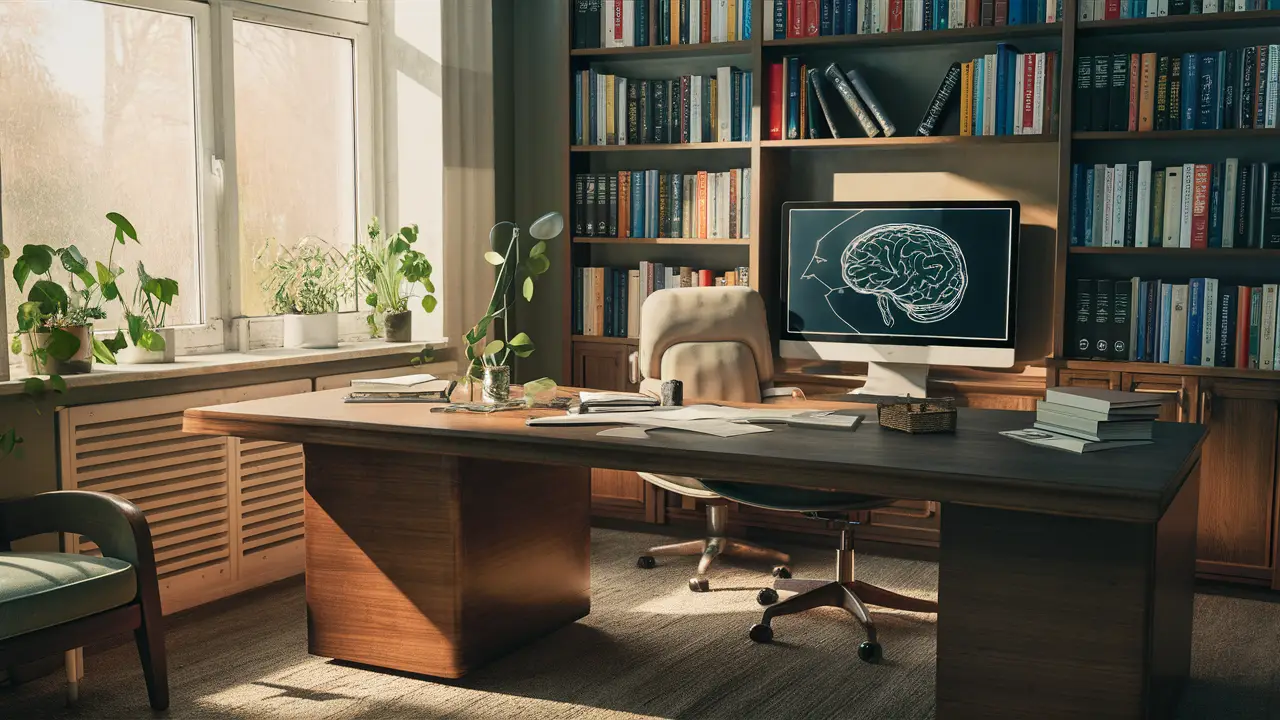 Espaço de escritório com mesa de madeira, tela de computador mostrando diagrama cerebral e plantas ao lado da janela.