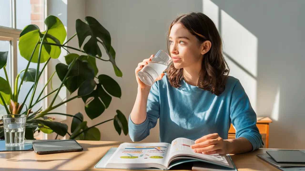 Mulher jovem bebendo água enquanto estuda biologia em uma sala iluminada com planta verde ao lado.