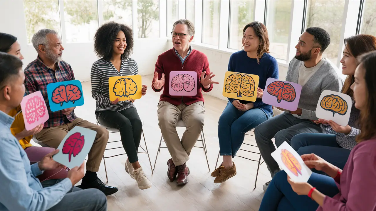 Pessoas diversas em círculo, segurando cartões coloridos com ilustrações do cérebro, conversando animadamente em sala bem iluminada.