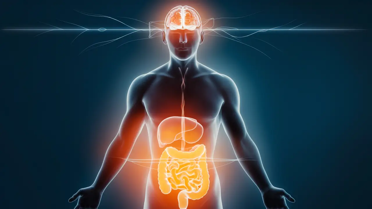 Silhueta humana transparente com cérebro e intestino iluminados conectados por linhas de energia.