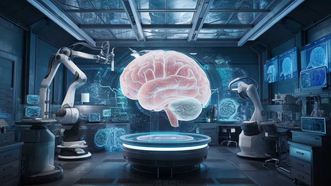 Laboratório futurista com modelo holográfico de cérebro e dispositivos médicos avançados.
