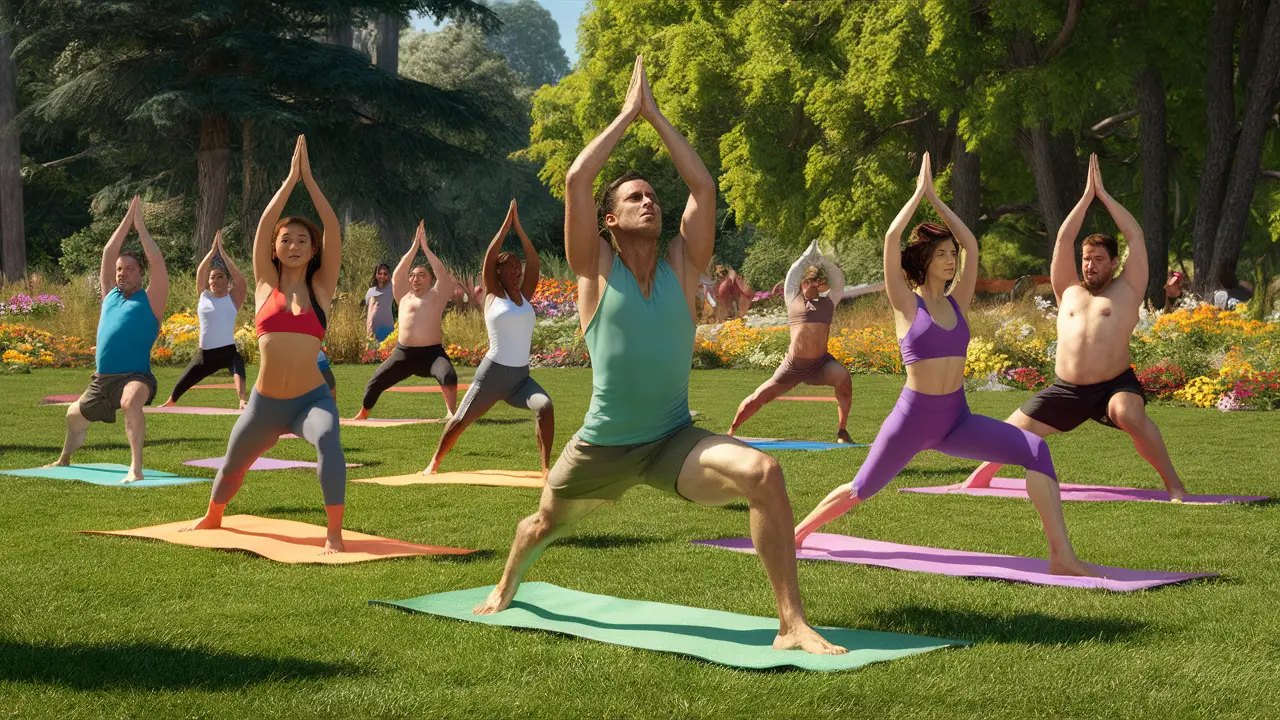 Pessoas diversas praticando yoga em um parque ensolarado, cercadas por flores vibrantes e árvores altas.