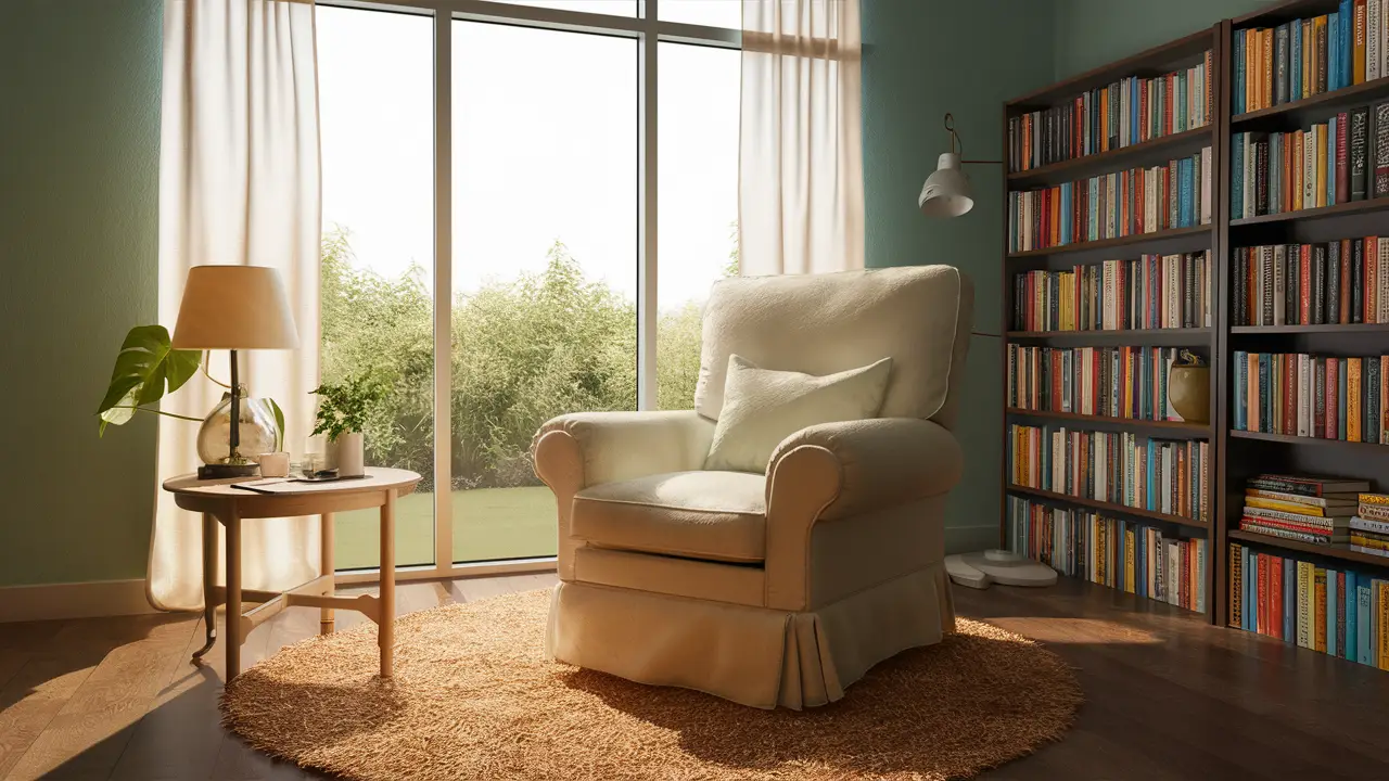 Sala de terapia com poltrona, janela grande, mesa pequena com lâmpada e planta verde, estante com livros coloridos.