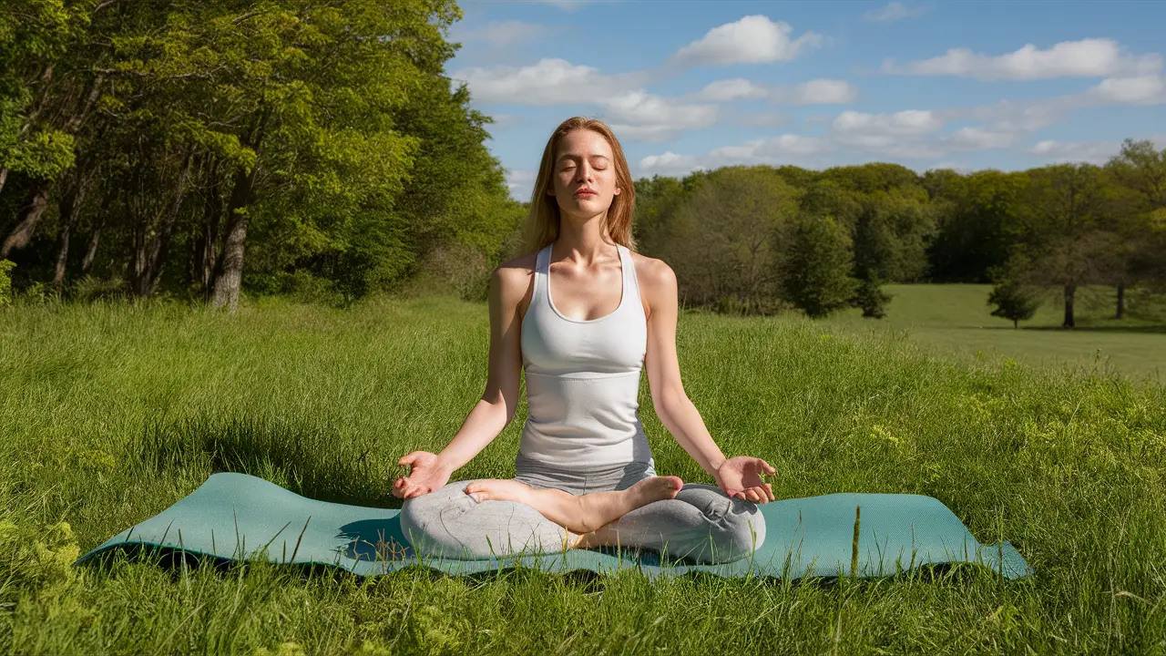 Mulher meditando em tapete de ioga em grama verde cercada por árvores e céu azul claro.