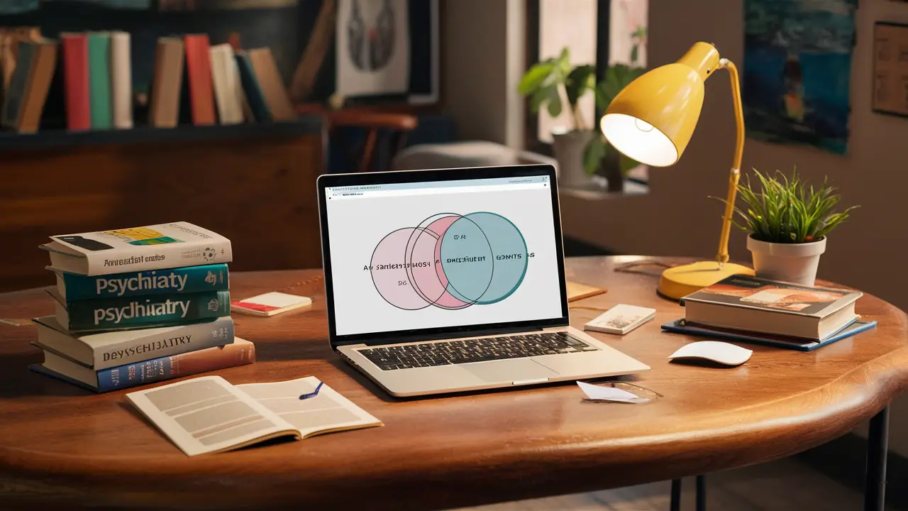 Mesa de madeira com livros de psiquiatria e psicologia e laptop aberto mostrando diagramas de Venn.