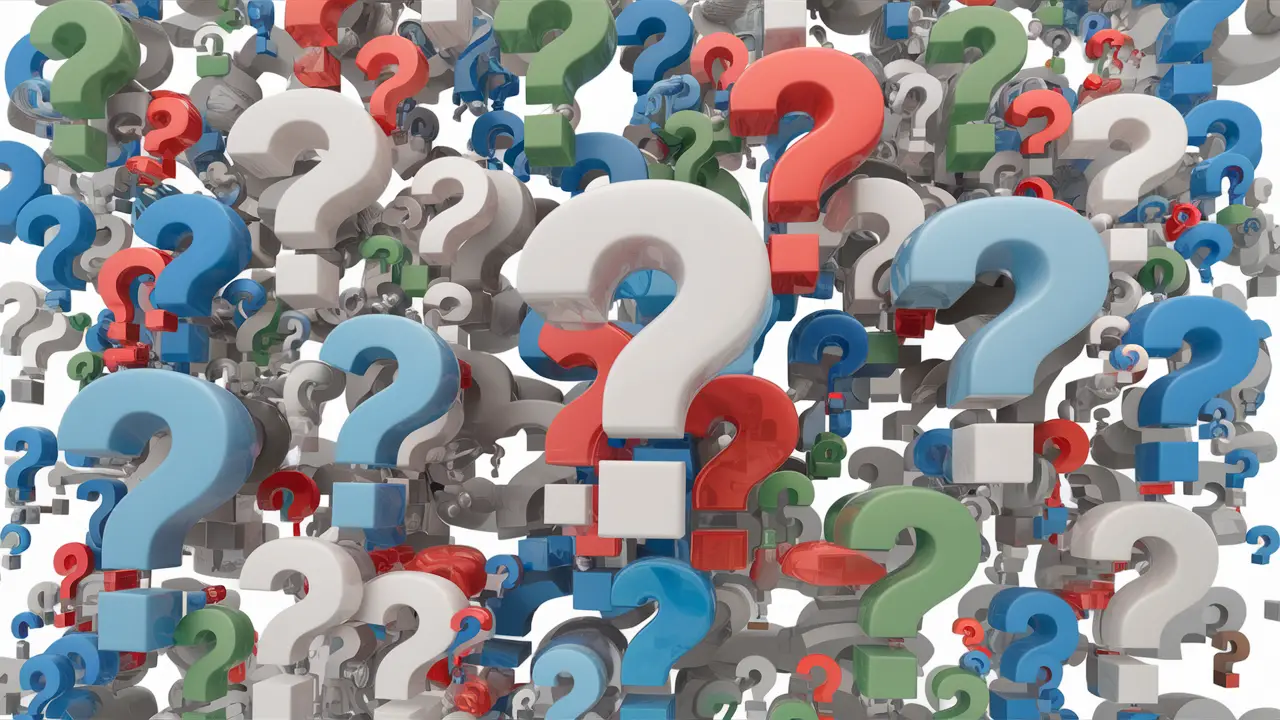 Várias interrogações coloridas flutuando em um fundo branco, destacando diferentes tamanhos e cores.