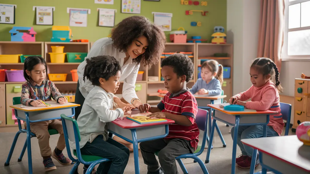 Crianças em uma sala de aula, interagindo com brinquedos educativos e uma professora auxiliando um aluno.