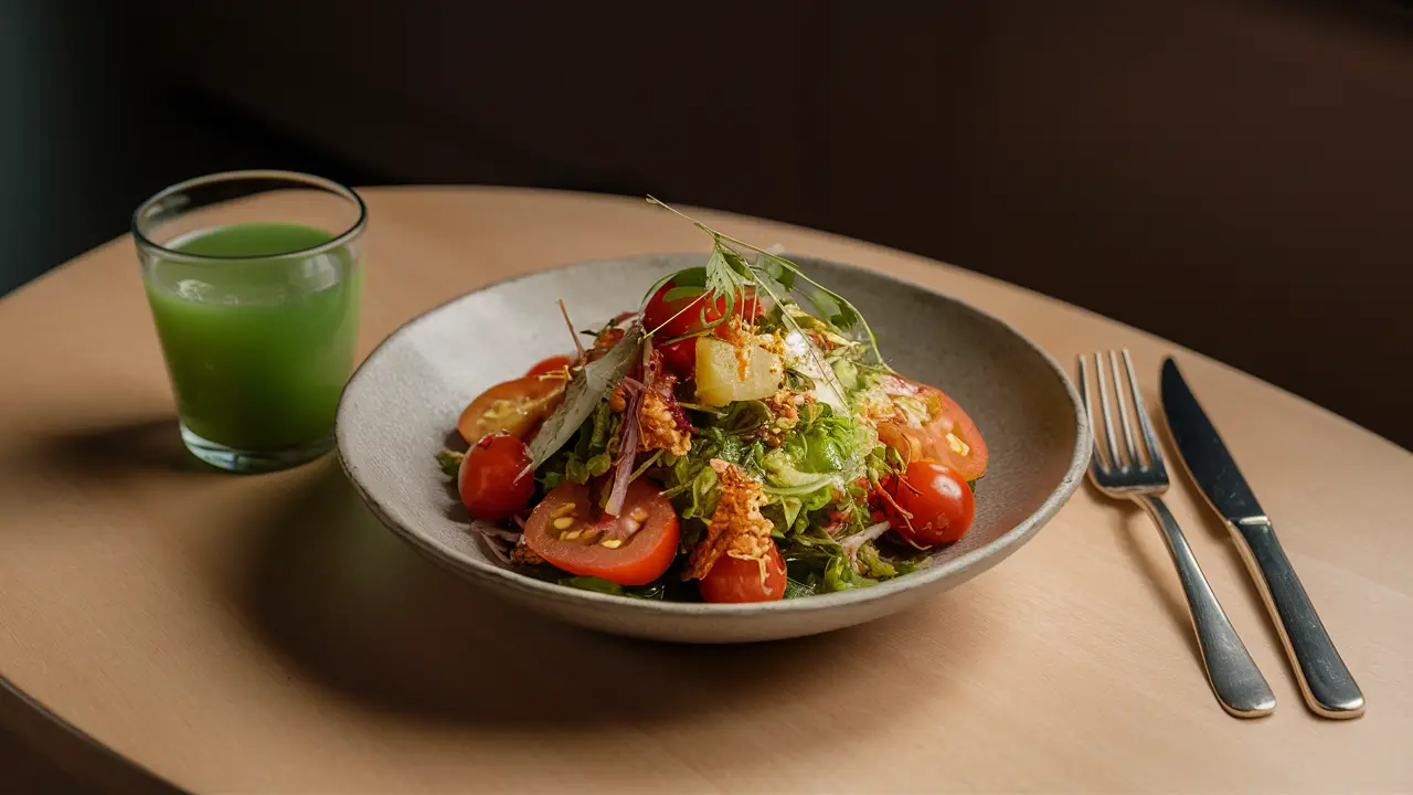 Salada colorida com abacate e suco verde em uma mesa de madeira.