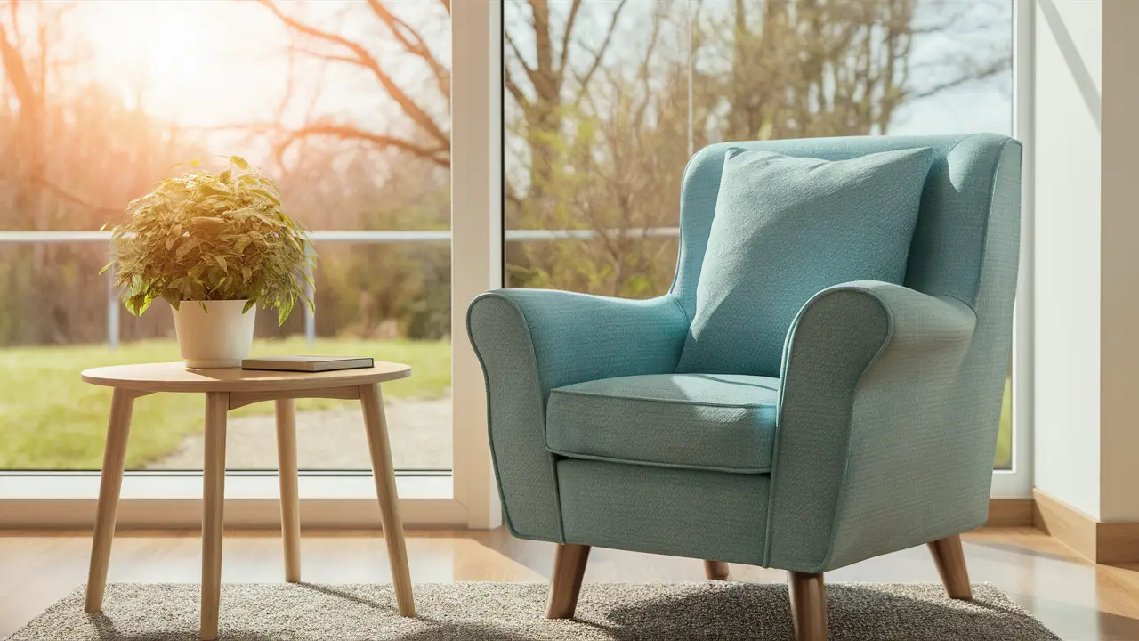 Sala de terapia com cadeira azul e mesa de madeira com planta, janela grande mostrando dia ensolarado.