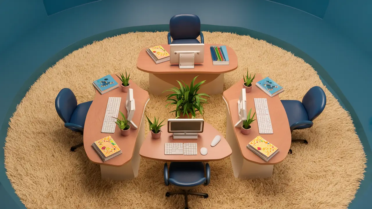 Três mesas com computadores, livros de terapia e plantas em um carpete creme, com parede azul ao fundo.