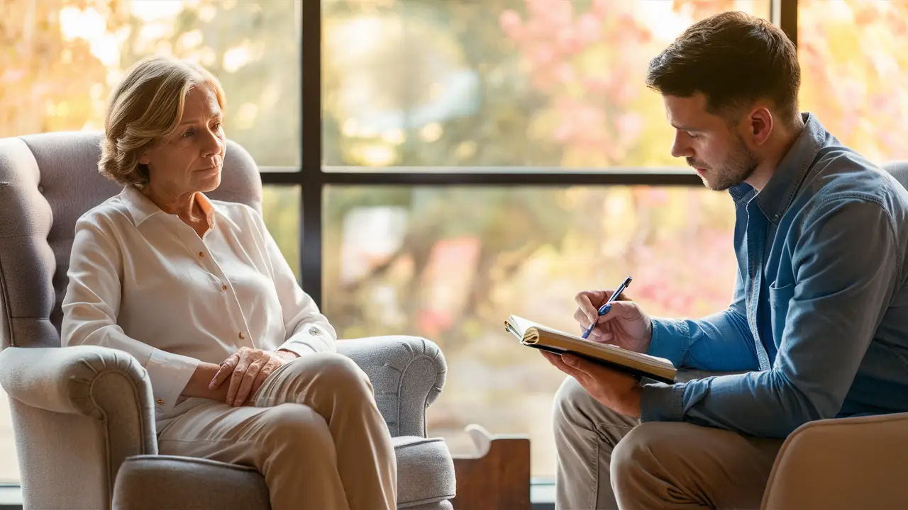 Mulher de meia-idade em poltrona conversa com terapeuta jovem em sala iluminada.