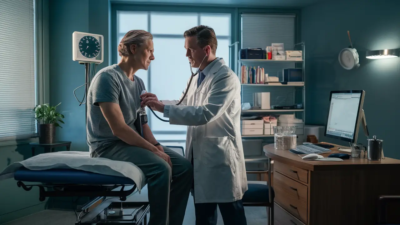 Médico usando estetoscópio em paciente sentado na mesa de exame, com monitor de pressão e computador na mesa próxima.
