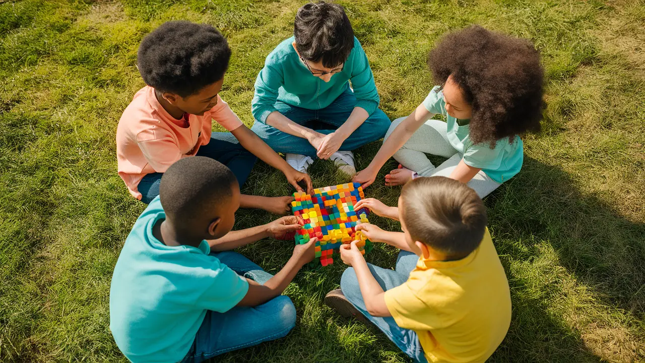 Crianças de diferentes idades e etnias brincando juntas em círculo com blocos coloridos em um campo gramado.