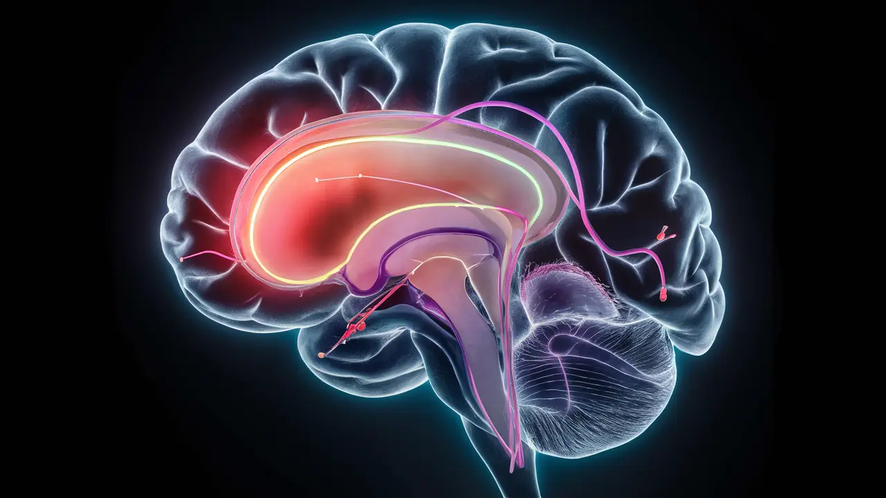 Neuroimagem em alta definição mostrando vias neurais destacadas em cores vibrantes em um cérebro humano.