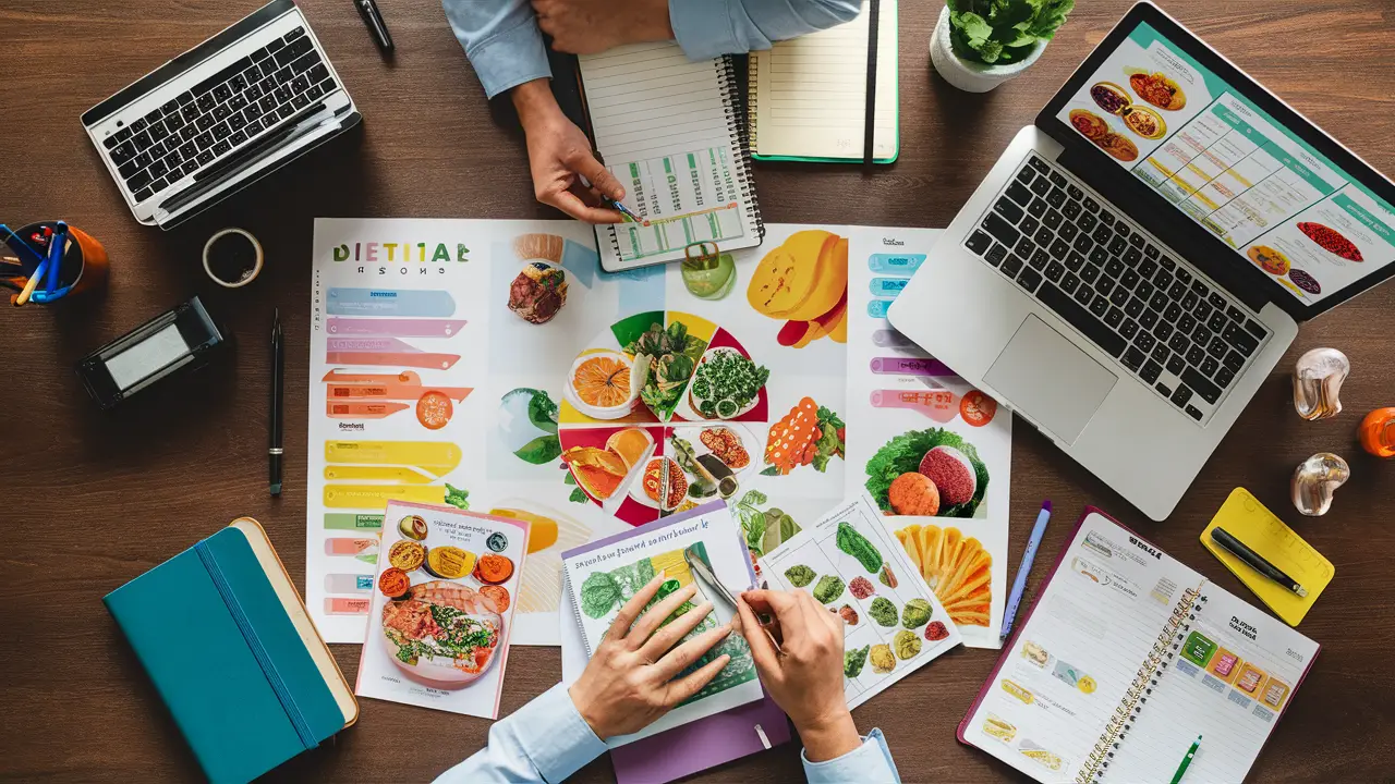 Mesa de nutricionista com gráficos de alimentos coloridos e um plano alimentar digital em laptop.