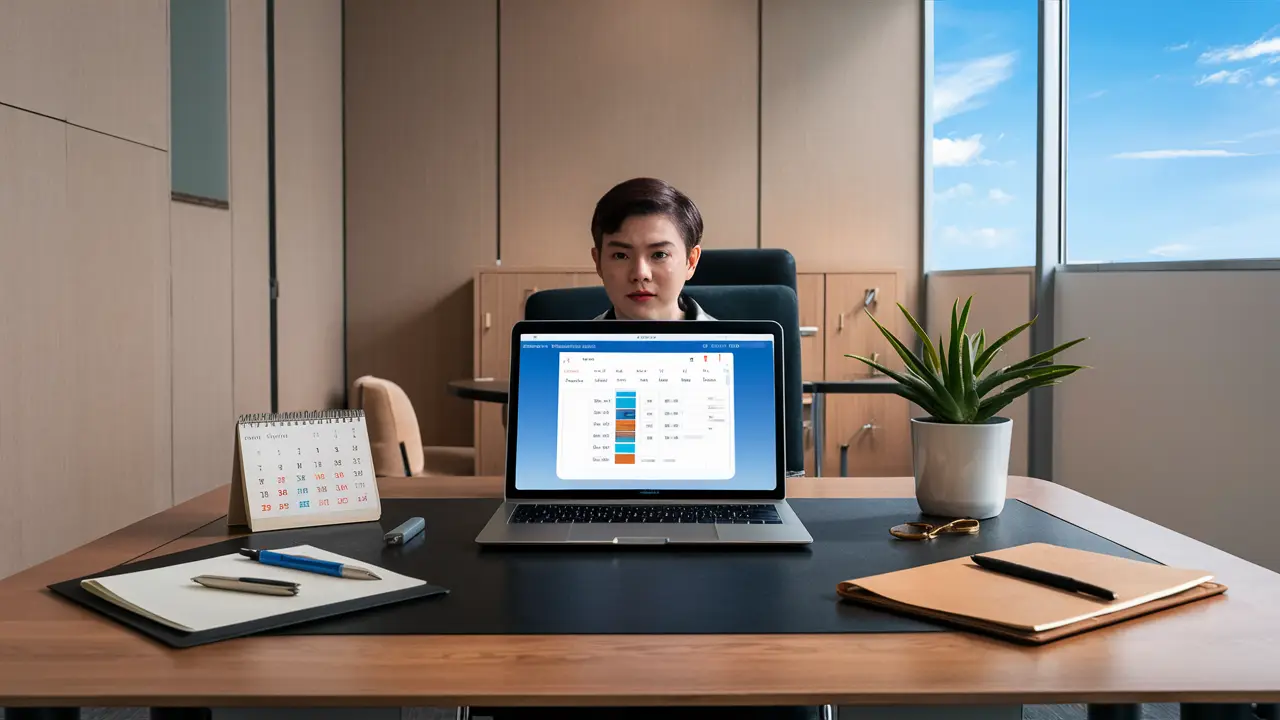 Pessoa sentada em mesa de escritório com laptop mostrando aplicativo de terapia, calendário, caneta e planta ao lado.