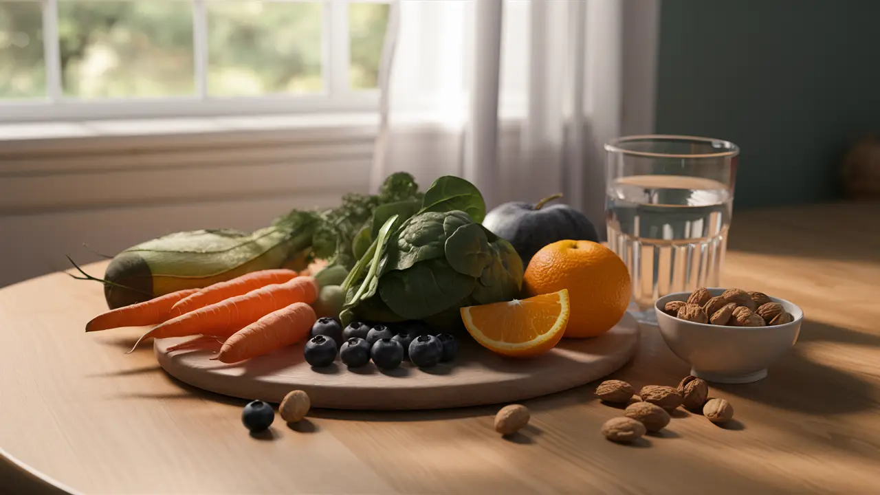 Legumes e frutas frescas com um copo de água e tigela de nozes em uma mesa de madeira.