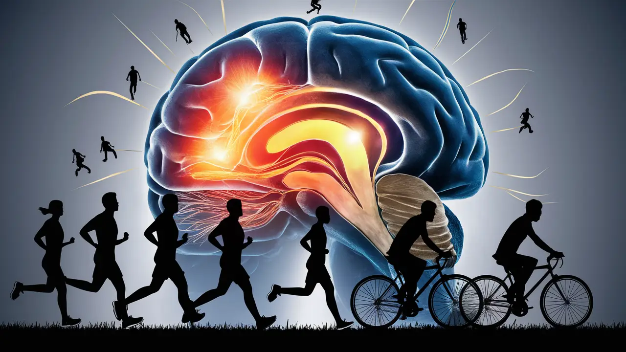 Corte transversal do cérebro humano com vias neurais iluminadas, cercado por silhuetas de pessoas correndo e pedalando.