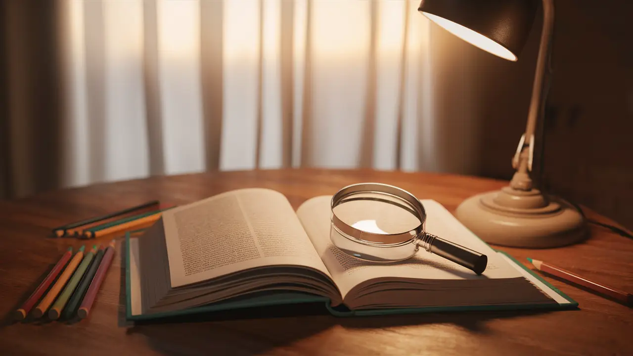 Lupa em cima de um livro aberto sobre uma mesa de madeira, iluminada por uma lâmpada de mesa.
