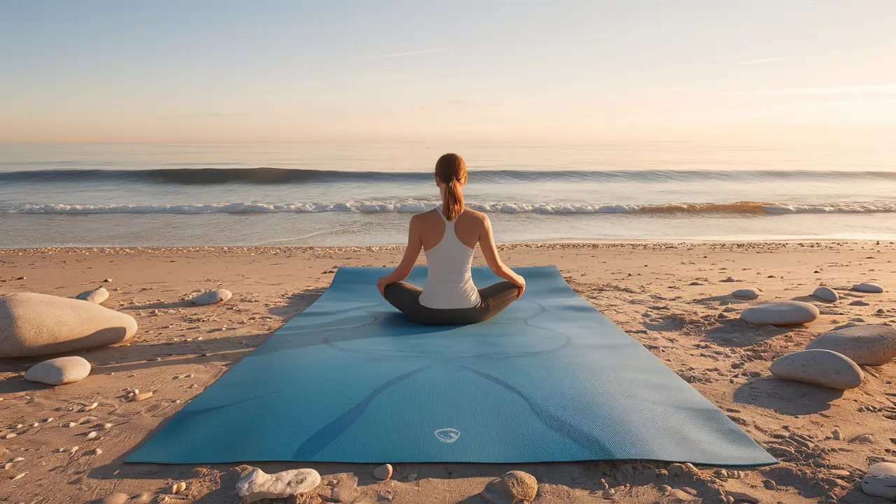 Pessoa meditando em um tapete de ioga azul na praia ao amanhecer, com o mar calmo e céu dourado ao fundo.