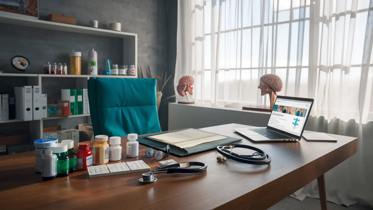 Consultório médico moderno com medicamentos diversos e modelo anatômico do cérebro.