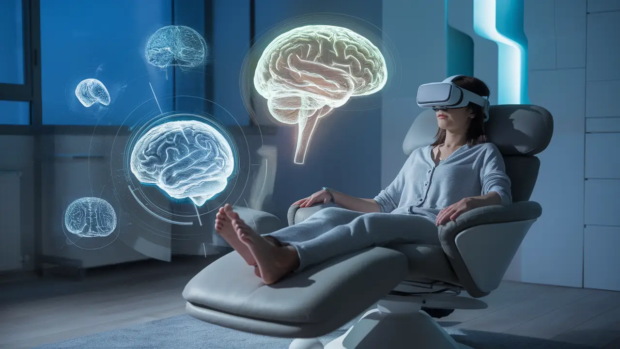 Pessoa com headset de realidade virtual e dispositivos de estimulação cerebral, cercada por imagens holográficas do cérebro.