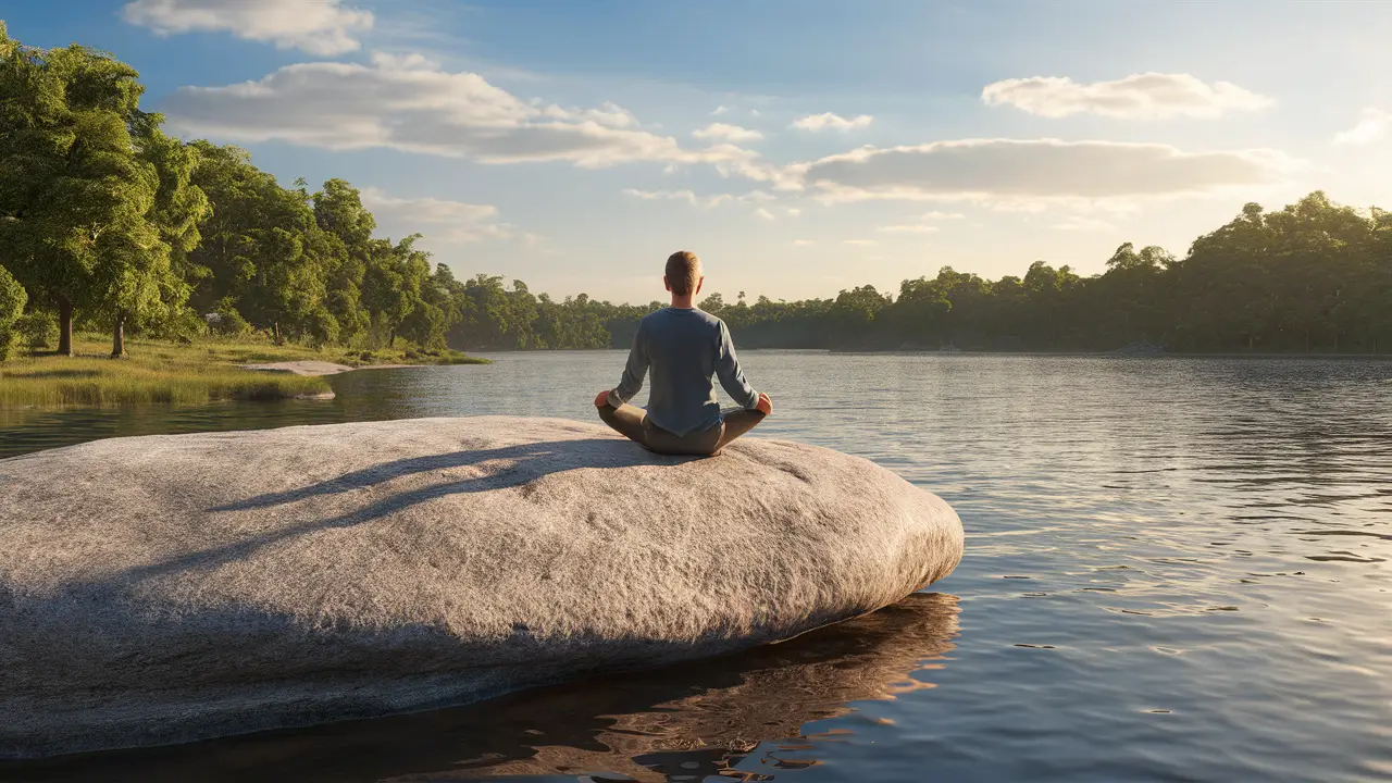 Pessoa sentada em uma rocha à beira de um lago calmo, cercada por árvores verdes sob céu azul claro.