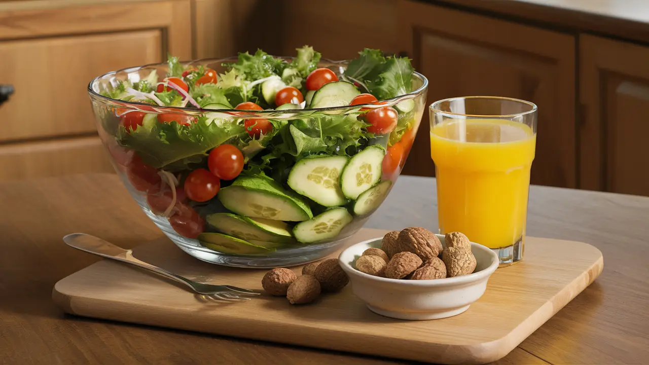 Salada colorida em tigela de vidro com suco de laranja e nozes em prato de cerâmica.
