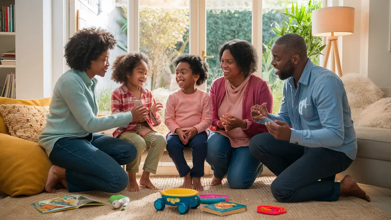 Família diversa de cinco pessoas conversando animadamente em uma sala de estar acolhedora com livros e brinquedos coloridos.