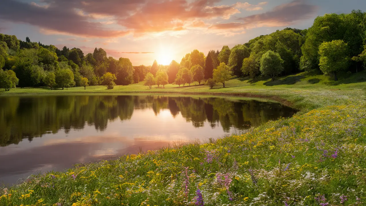 Lago tranquilo refletindo o nascer do sol, cercado por árvores verdes e flores silvestres coloridas.