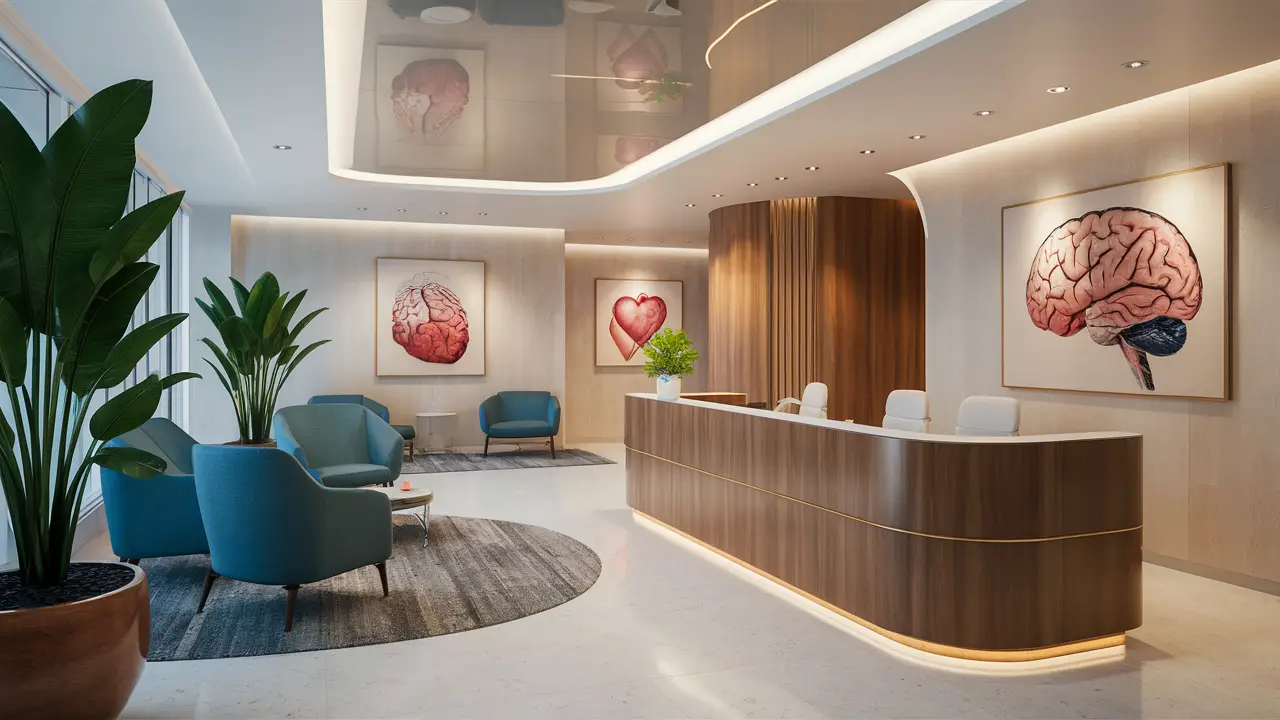 Interior moderno de clínica com recepção ampla, cadeiras azuis confortáveis, plantas verdes e pinturas de anatomia.