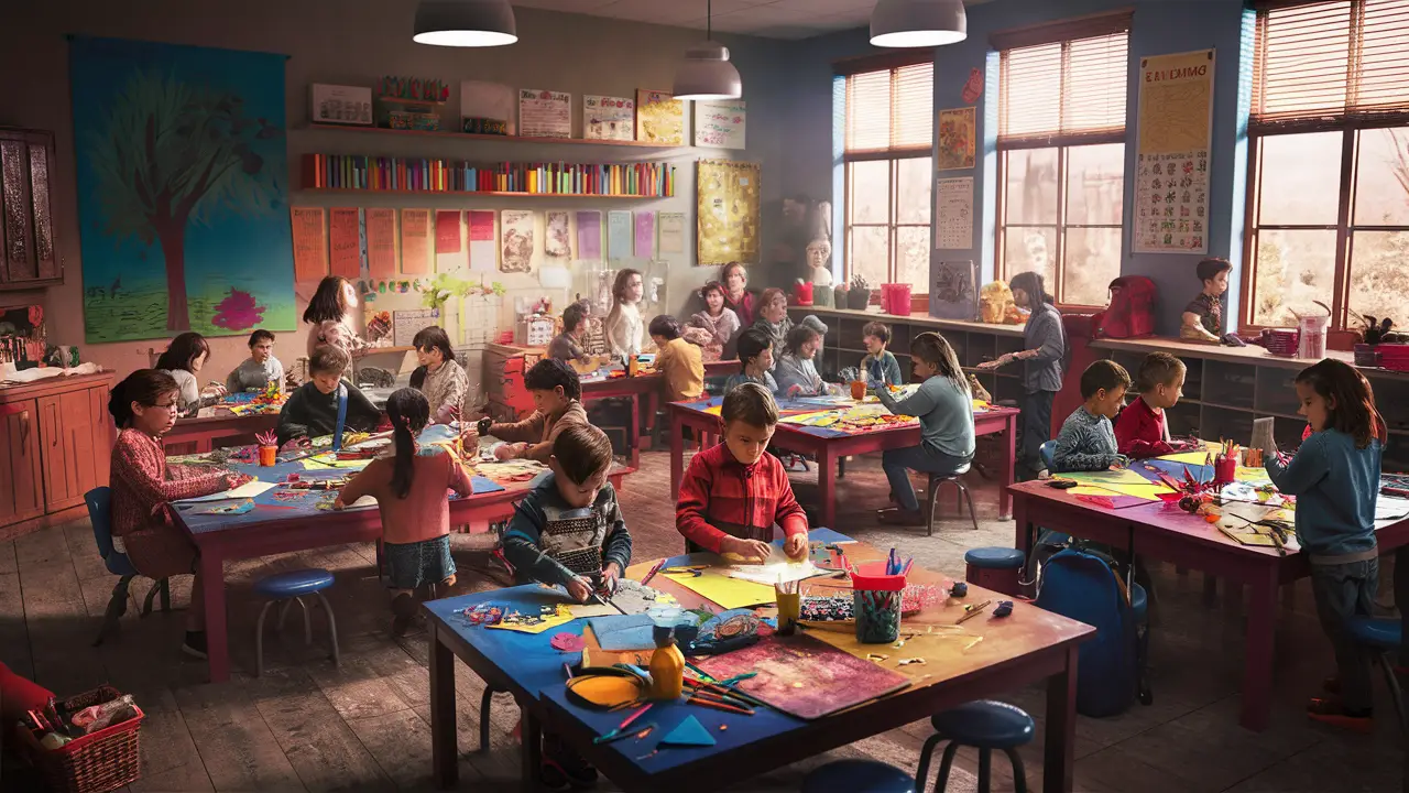 Crianças de diferentes idades em sala de aula colorida, com materiais de arte e pôsteres educativos nas paredes.