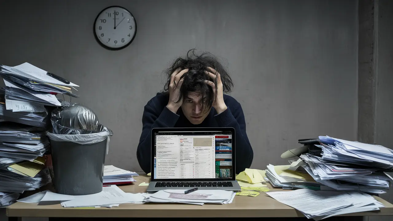 Pessoa em mesa desorganizada com papéis e lixo, relógio marcando 15h, e tela de laptop com várias abas abertas.
