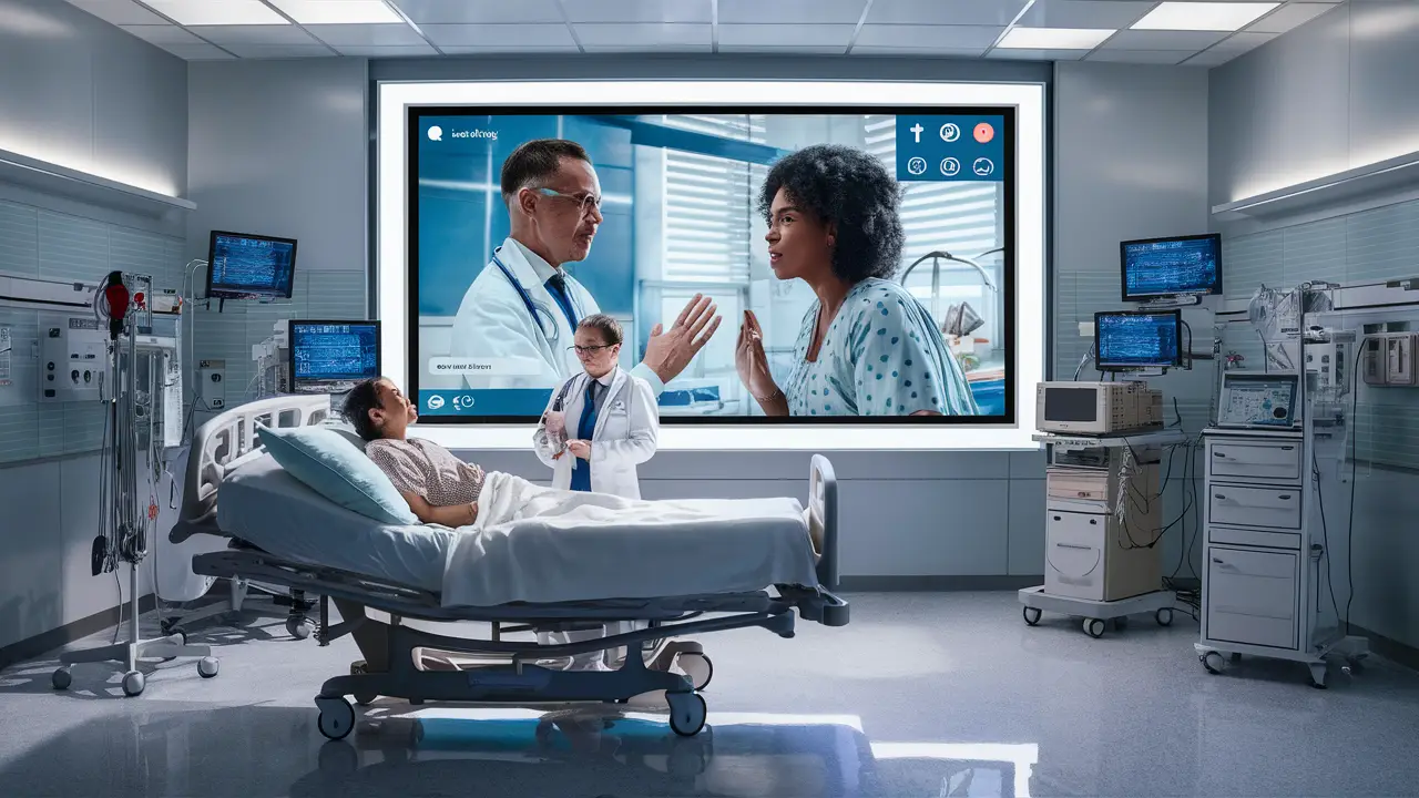 Médico em videoconferência com paciente em leito hospitalar, rodeado por equipamentos médicos em sala moderna.