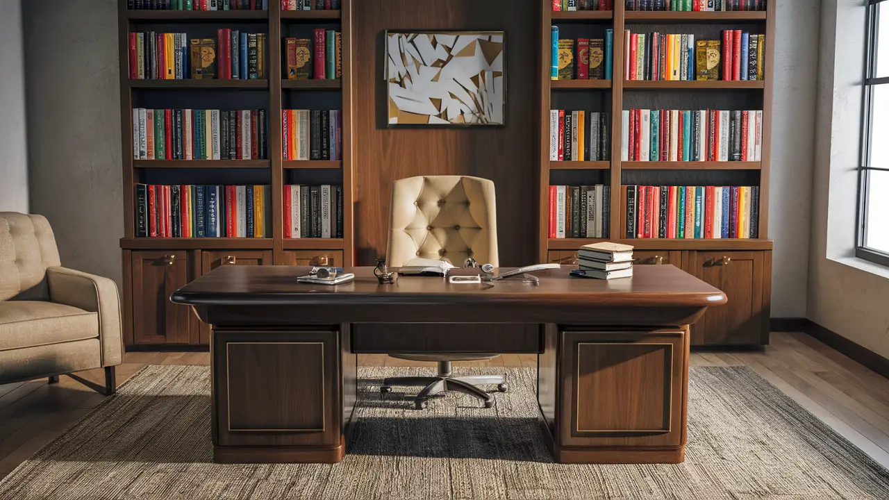 Consultório psiquiátrico moderno com mesa de madeira, estantes com livros coloridos e cadeira confortável.