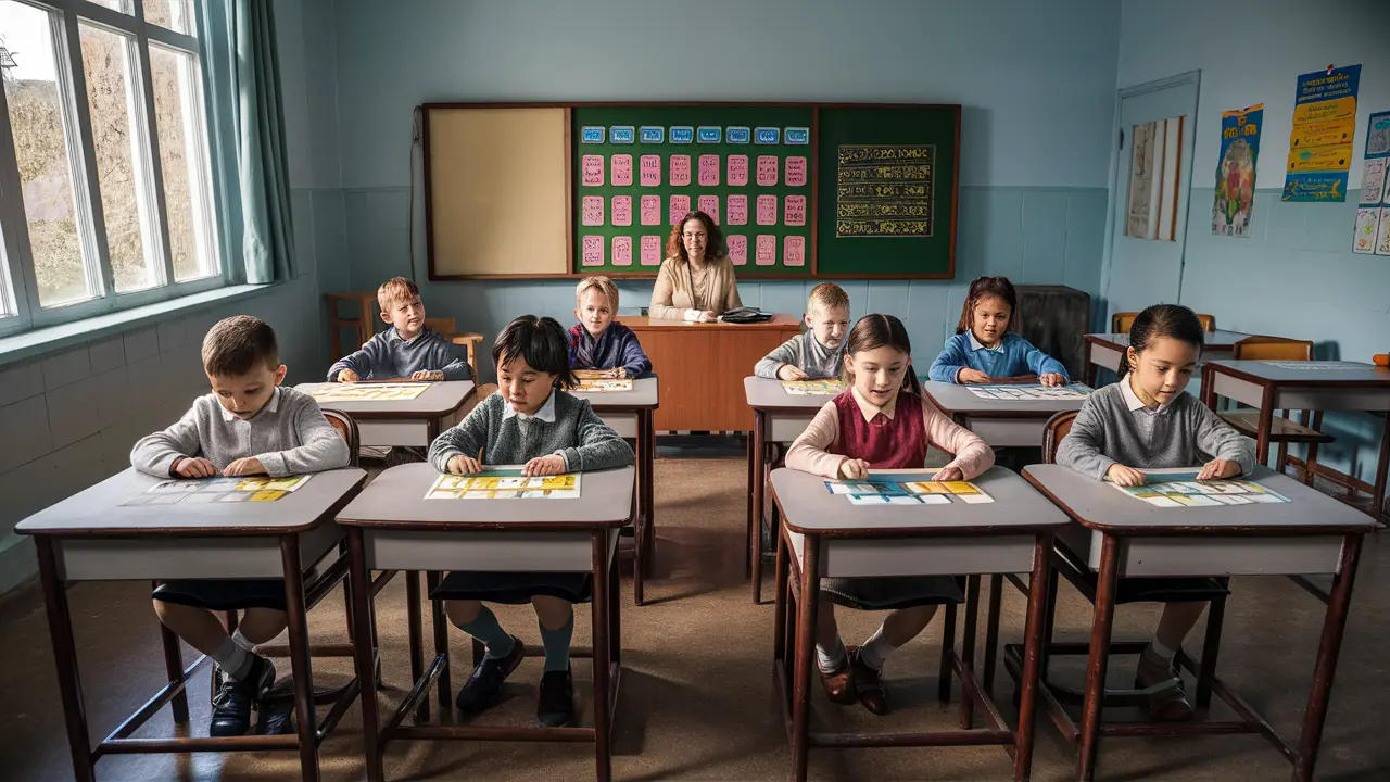 Sala de aula com crianças em carteiras, focadas em cartões de aprendizado coloridos exibidos pelo professor.